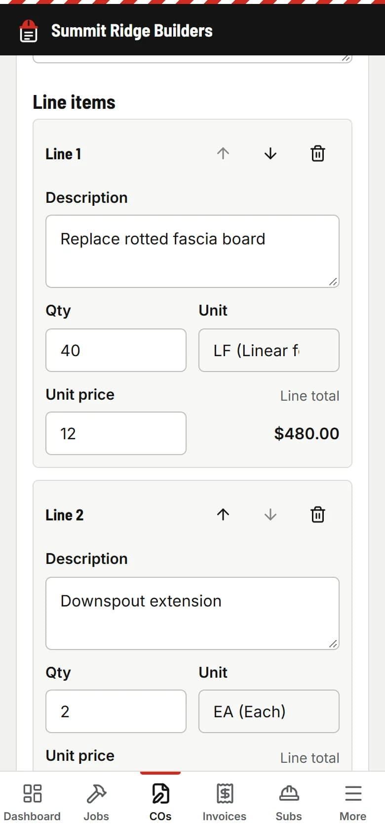 Writing a change order on a phone: job, title and line items with prices