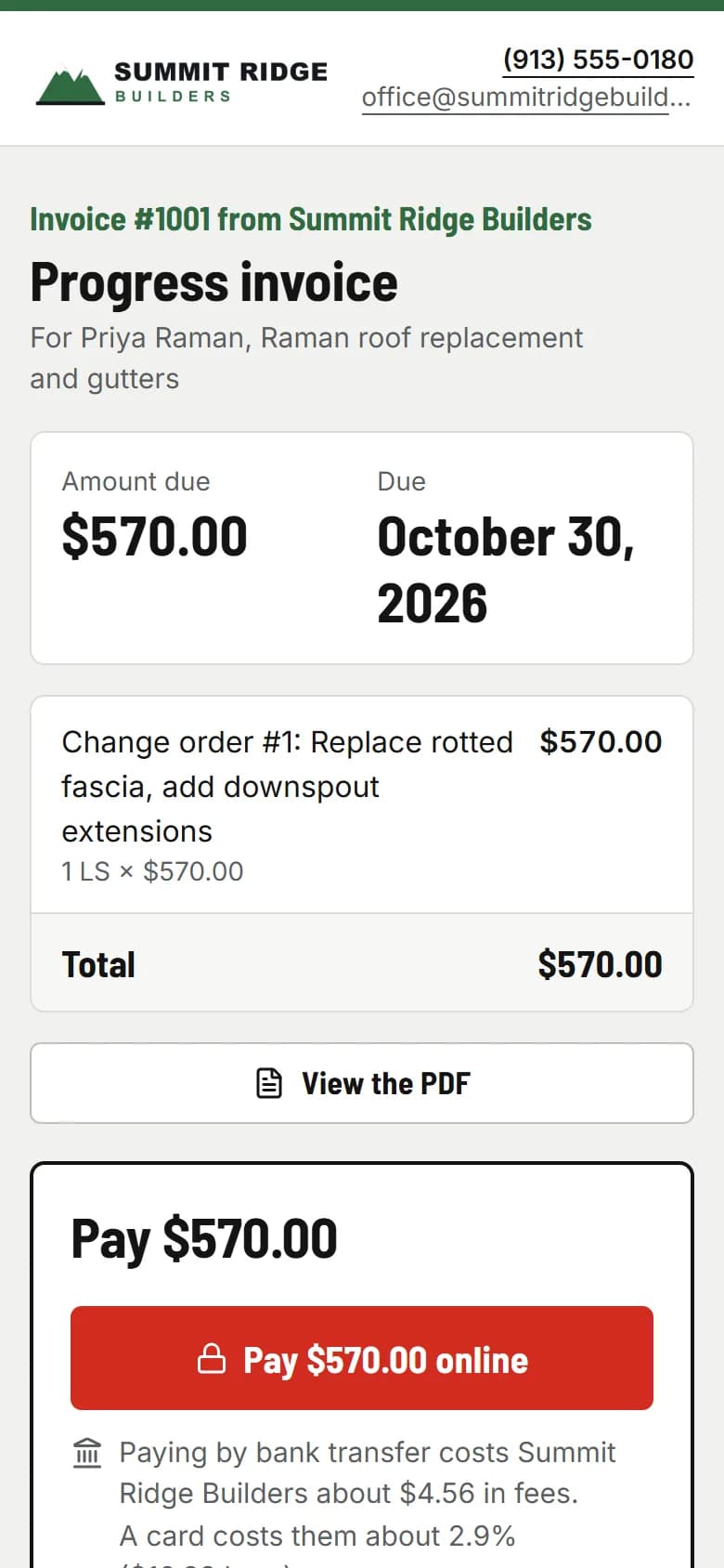 The client’s invoice page with bank transfer and card payment options